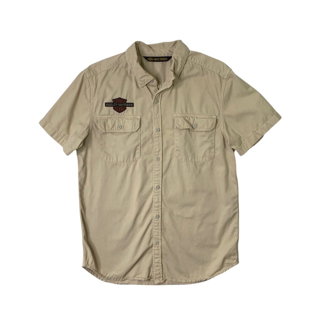 Harley Davidson Work Shirt Mens M Medium Cream Slim Midweight Short Sleeve Biker